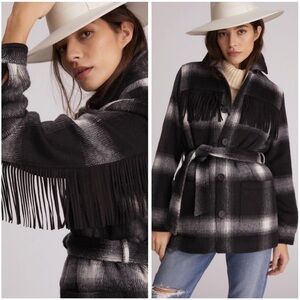 New Mother Fringe Plaid Flannel Coat Shirt Jacket Shacket Western Boho XS